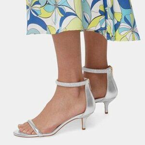 XYD Silver Low Heel Rhinestones Ankle Strap Sandals Open Toe Back Zipper Shoes